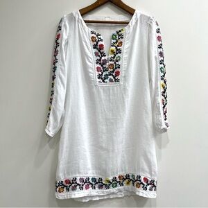 120% Lino white linen colorful floral embroidered shift dress long sleeves 46